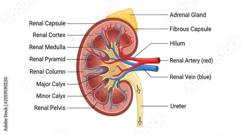 Foto Human kidney anatomy diagram with detailed labels