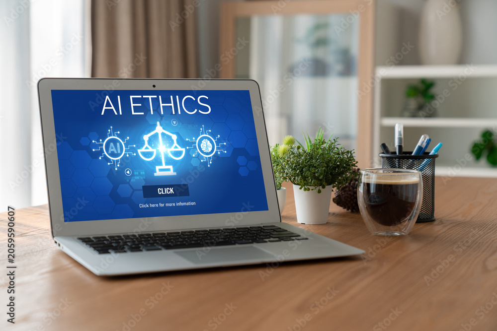 Fototapeta premium AI ethics responsibility standard law and rules on computer screen provide report of AI ethic transparency preventing technology crime. brisk