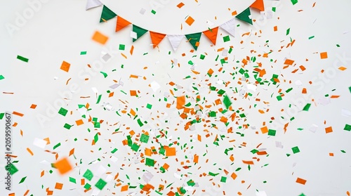 Independence day of india celebration confetti and tricolor flags festive background