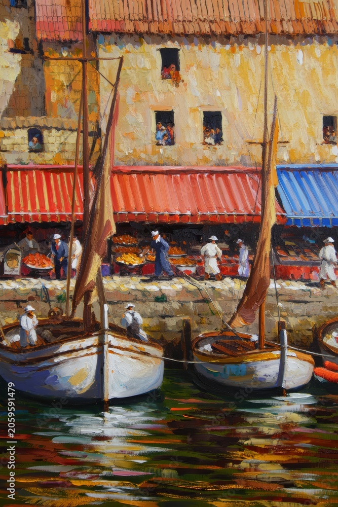 Fototapeta premium Impressionist Painting of a Bustling Mediterranean Market Scene