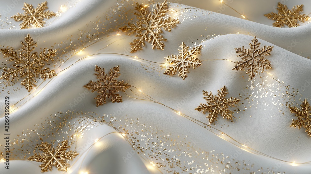 Fototapeta premium Golden decorative snowflakes resting on soft white satin fabric with glowing warm fairy light strings