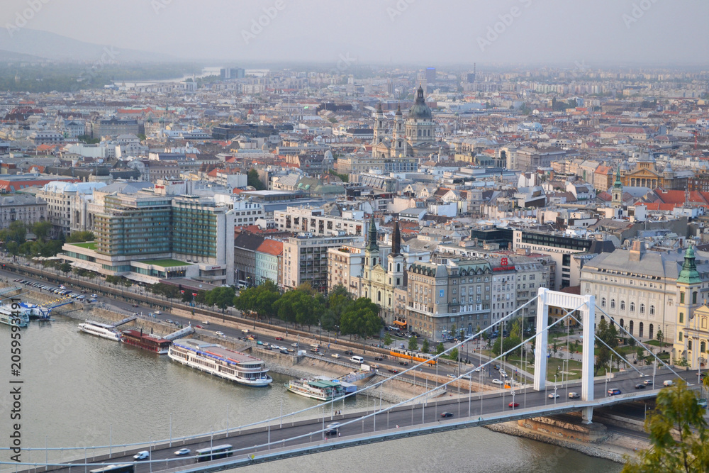 Obraz premium Panoramic view of Budapest city center with Elisabeth Bridge and Danube River, Hungary