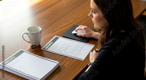 Woman working at wooden table with notepad and coffee