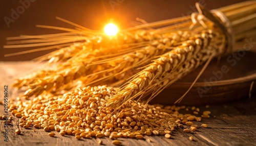 An illustration of rice stalks against a sunset background.
