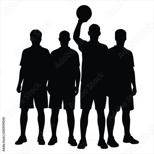 Konstfotografi Silhouette of Soccer Football Players Standing  with One Holding Ball Up