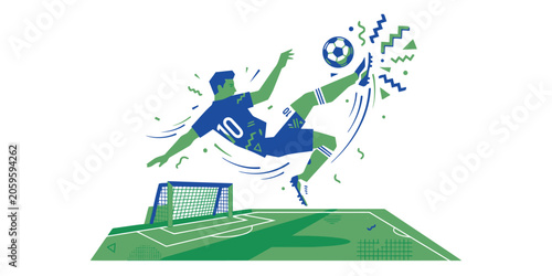 Принти на полотні Soccer player in mid-air kicking ball with dynamic motion lines and geometric sh