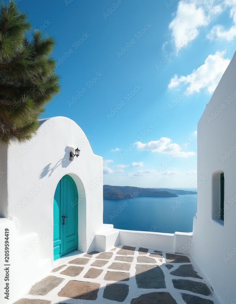Fototapeta premium White building facade with teal door overlooks blue ocean sea. Sunny day with clouds on sky. Stone path leads to balcony with island view. Peaceful island retreat.