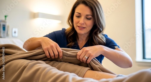 Woman wrapping patient's arm with bandage