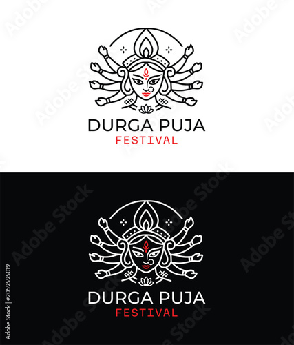 Goddess Durga Puja Festival Minimalist Logo Icon Set in Line Art Style with Light and Dark Backgrounds