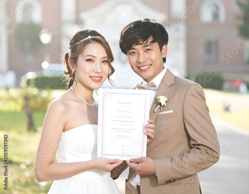 Joyful couple celebrates marriage outside, holding certificate proudly
