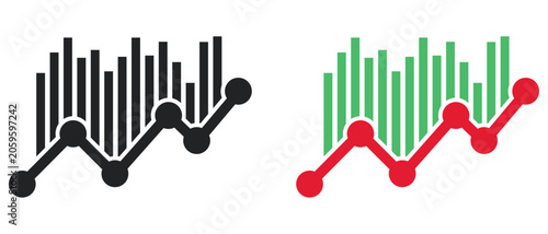 Financial Analytics and Market Performance Graph Icons Featuring Data Visualization, Business Statistics and Investment Trend Symbols