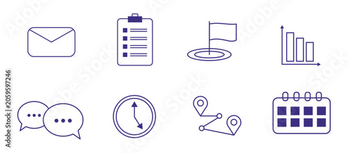 Business Productivity and Office Management Outline Icons Set Featuring Email, Checklist, Location, Analytics, Calendar and Communication Symbols