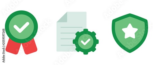 Certification Approval and Security Badge Icons Collection Featuring Verified Ribbon, Compliance Document and Protection Shield Symbols