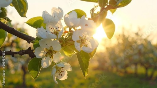 Delicate white blossoms on a branch bathed in warm sunlight