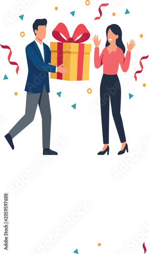 Man Giving Gift Box to Woman with Confetti Celebration Vector for Corporate Rewards Employee Appreciation Work Anniversary and Special Occasions Designs