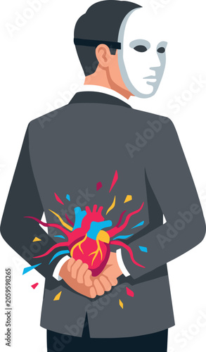 Man in Suit Wearing Mask and Hiding Colorful Human Heart Behind His Back Concept Vector for Hidden Emotions Secret Love Deception and False Identity Designs