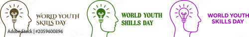 World youth skills day icons with lightbulb and head silhouette