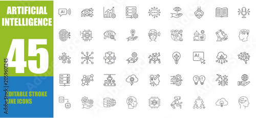 Photos Artificial Intelligence Icon Set - 45 Minimalist Thin Line Vector Symbols for Te