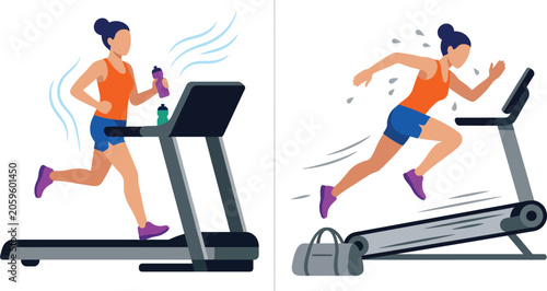 Runner on Treadmill with Sports Drink Bottle, Flat Vector Illustration with Motion Lines and Sweat Droplets, Minimalist Graphic Design