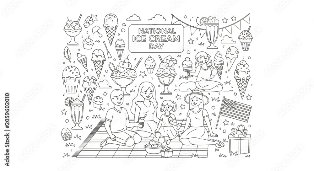Obraz premium National ice cream day coloring page with family picnic scene