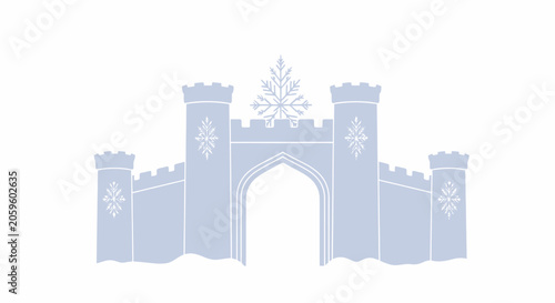 A stylized illustration of a medieval castle gatehouse with towers.