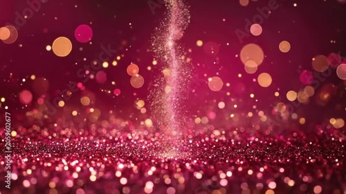 Sparkling glitter particles float and fall on a deep red background