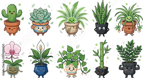Cute Kawaii Houseplant Character Collection with Smiling Potted Cactus Orchid Fern Bamboo and Succulent Vectors for Gardening and Nursery Graphic Designs