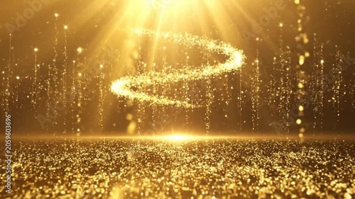 Golden particles illuminate a celebratory stage with bright light beams