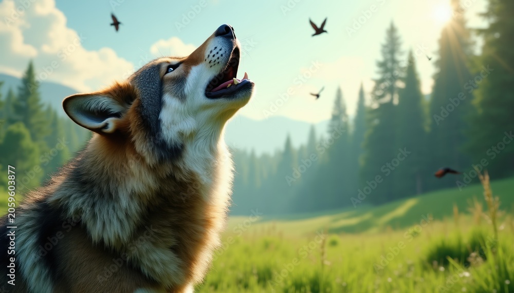 Fototapeta premium Wolf howls in green forest meadow with birds flying overhead. Sunlight filters through pine trees on mountainside creating natural light effect.