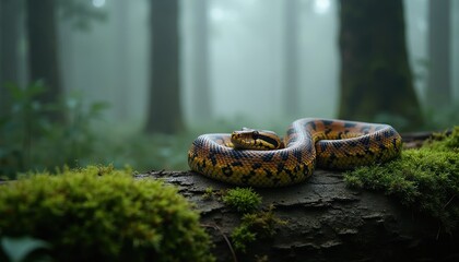 Brown spotted snake coils on mossy log in misty forest. Reptile rests, quiet nature scene. Background shows blurred trees and fog, wild animal habitat.
