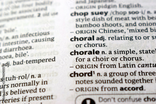 Obraz na płótnie Detail Of English Dictionary Page And Word Pronunciation Of - chorale