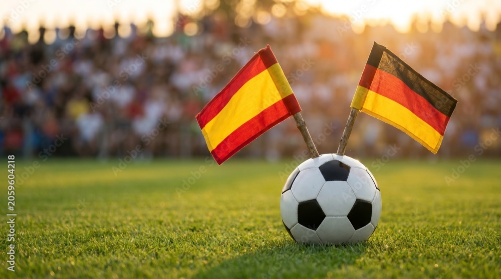 Naklejka premium Soccer ball with spanish and german flags on green field at stadium