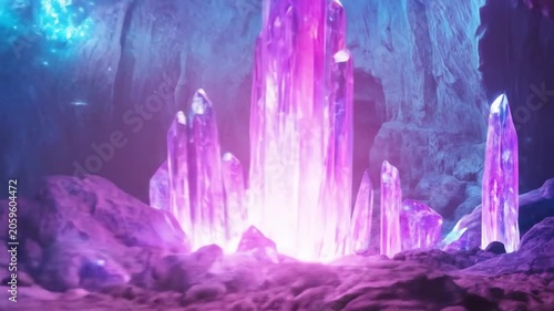 Glowing crystal formations in a mysterious cave environment with vibrant light