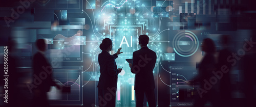 Business Professionals Analyzing AI Technology Data Visualization