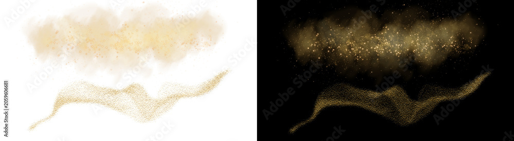 Obraz premium PNG image of Golden dust explosion and shimmering sand wave, sparkling gold powder particles, luxury glitter spray for cosmetic branding and festive design isolated on Transparent Background
