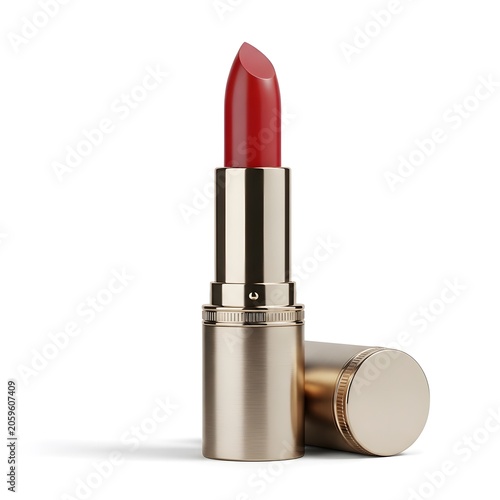 Open red lipstick in a silver metal tube