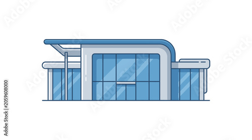 Modern glass office building with flat roof and minimalist architectural design.