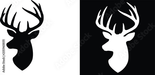 Black and white deer head silhouettes facing left on contrasting backgrounds vector