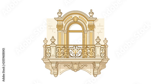 Canvastavla Ornate classical balcony with arched window architectural illustration