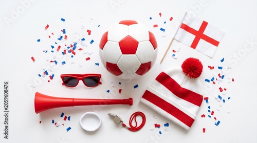 England soccer team accessories isolated on white background with confetti