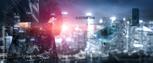 Fotografia Structure of electric car showing battery system, traction motor, control units,