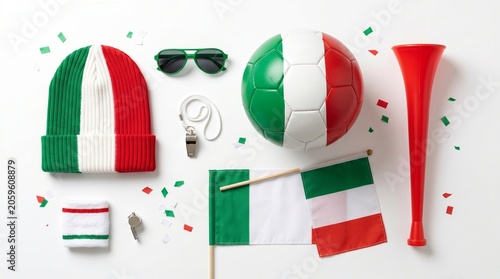 Italian soccer fan accessories isolated on white background