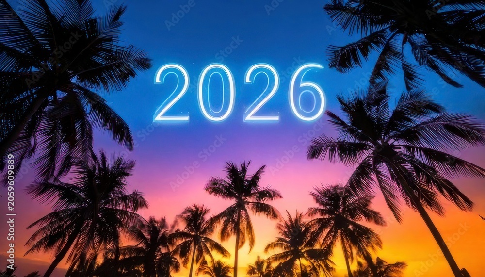 Obraz premium Tropical Sunset with Palm Trees and Year 2026 in Neon.