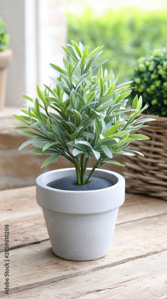 Fototapeta premium Small Artificial Potted Plant with Silver Green Leaves on Wooden Table
