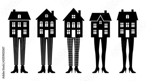 Fotografia Whimsical House Characters with Legs, Vector Set: Quirky Architecture, Humanoid