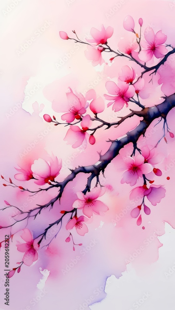 Fototapeta premium Soft Pink Cherry Blossoms Watercolor Art