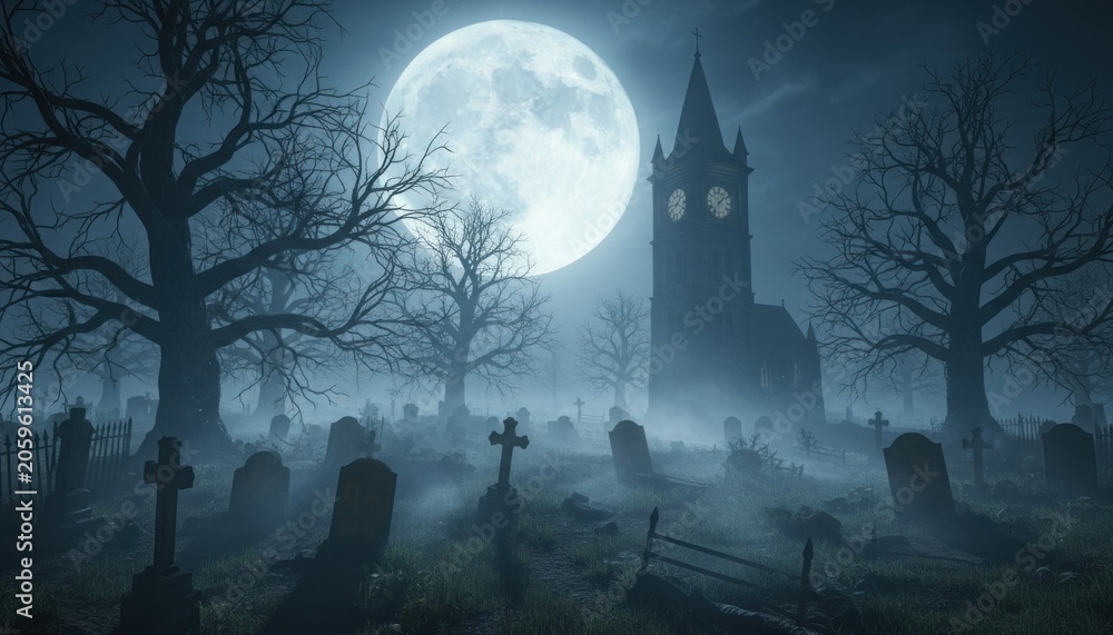 Fototapeta premium Gothic graveyard in blue moonlight, misty cemetery with tombstones, spooky Halloween night landscape background