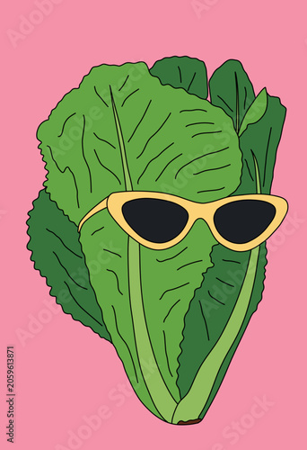 Fresh Green Leafy Lettuce with Yellow Sunglasses Isolated on Pink Background. Fun Healthy Eating Concept Icon