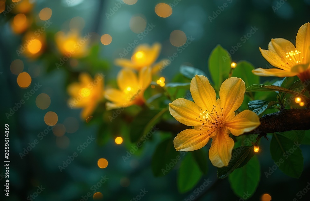 Obraz premium Yellow flowers bloom on dark branch with small lights. Green leaves grow near glowing petals in twilight forest. Nature scene creates mystical atmosphere with soft bokeh.
