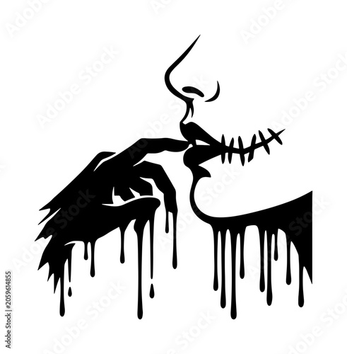 Quadro su tela Abstract Silhouette of Lips with Finger to Mouth, Dripping Effect, Secretive Ges